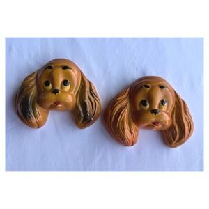 Vintage 1962 Miller Studio Chalkware Dog Wall Plaques Pair Spaniel Puppy Brown